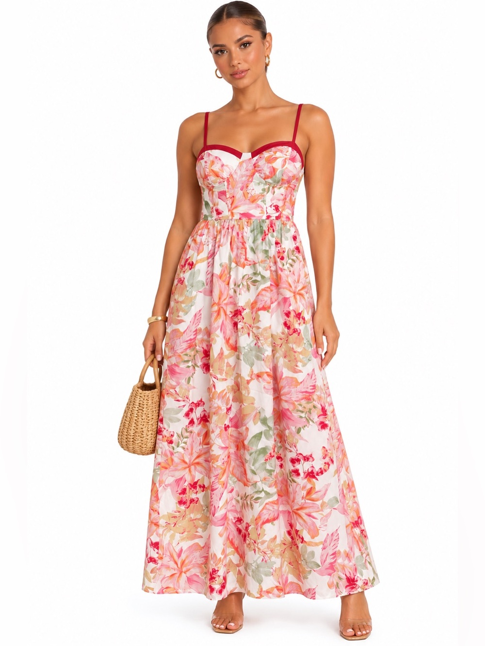 Band OF The Free Sweetheart Floral Maxi Dress with Contrast Trim - Pink Floral